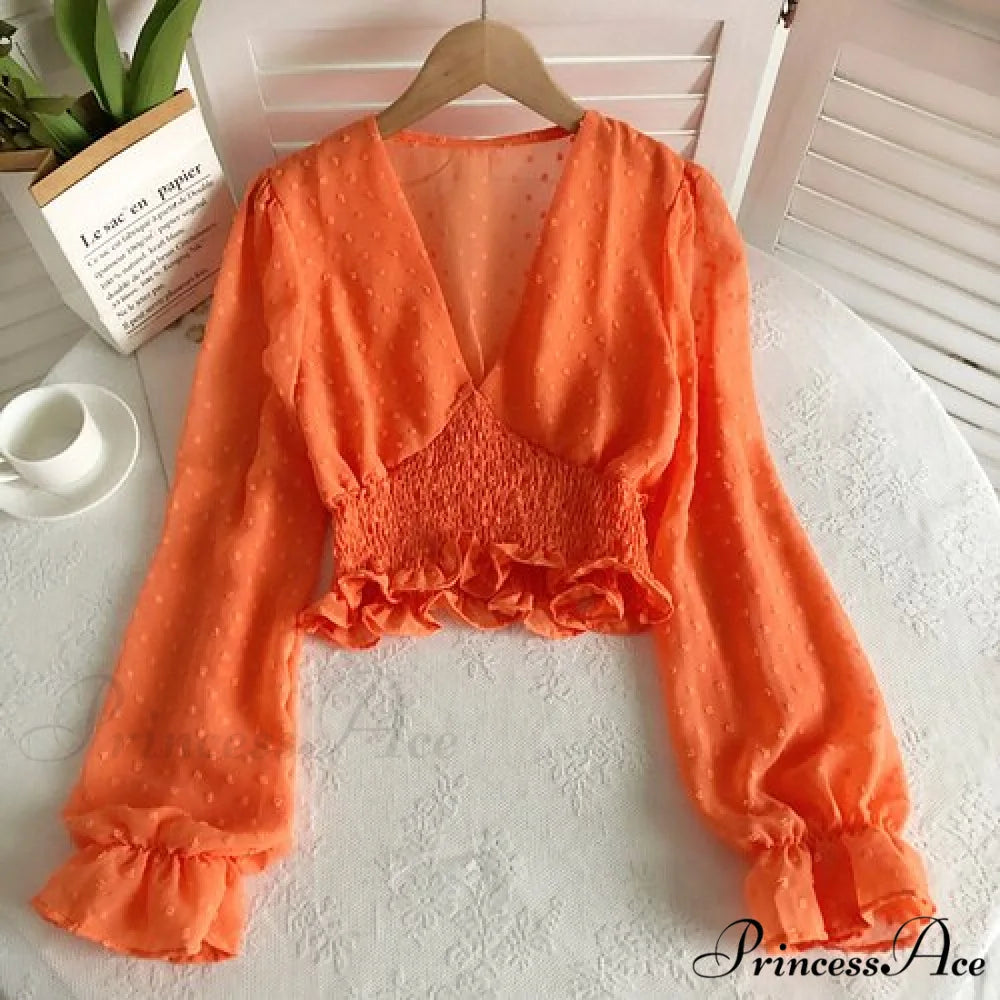 Blouse Spot and with Puff Blouse Pullover - Chiffon V-neck Sweet Spring Sleeves orange / One Size