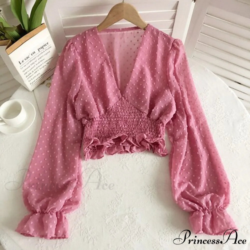 Blouse Spot and with Puff Blouse Pullover - Chiffon V-neck Sweet Spring Sleeves pink / One Size