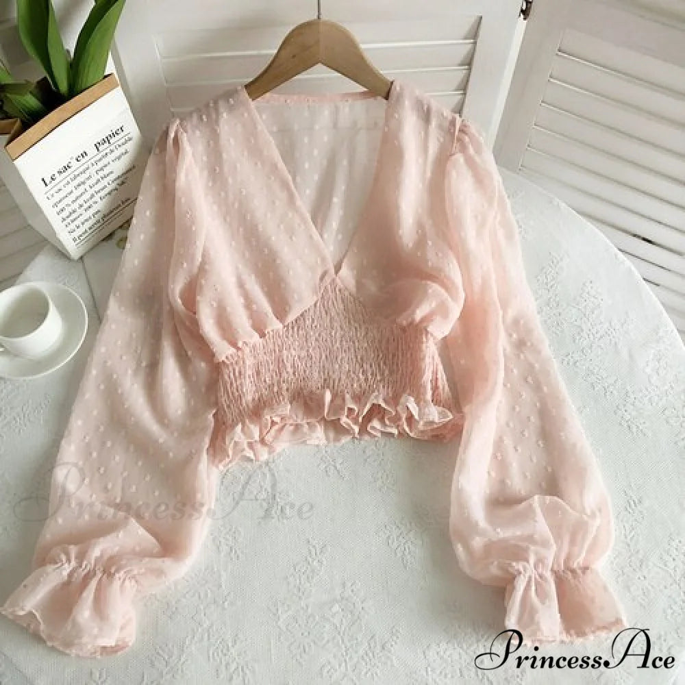 Blouse Spot and with Puff Blouse Pullover - Chiffon V-neck Sweet Spring Sleeves pink orange / One Size