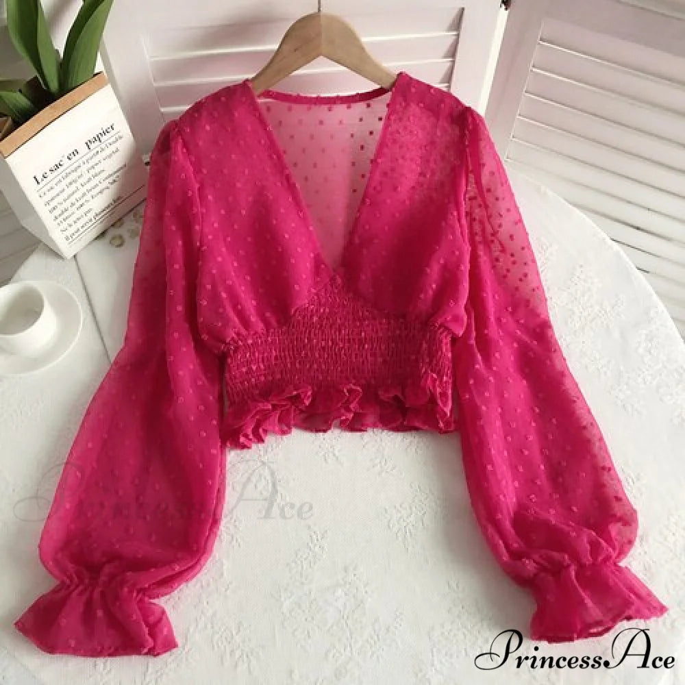 Blouse Spot and with Puff Blouse Pullover - Chiffon V-neck Sweet Spring Sleeves rose red / One Size