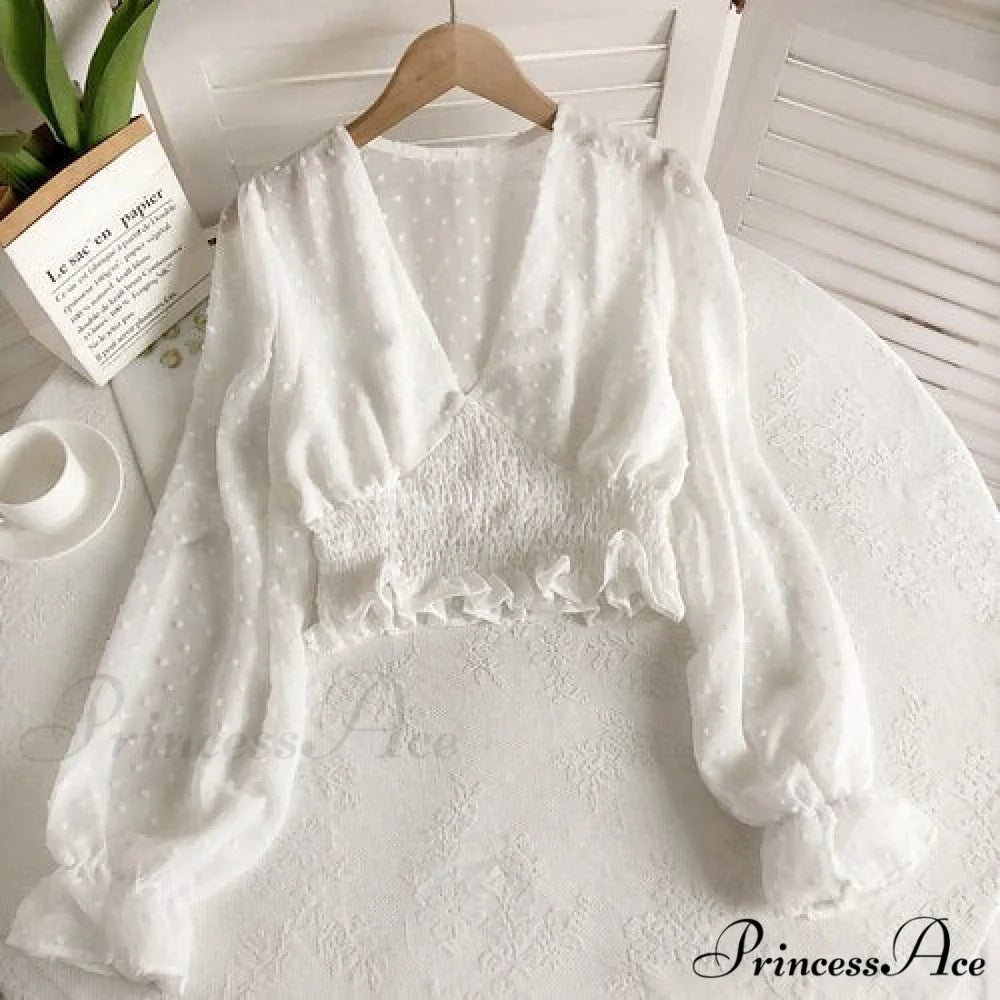 Blouse Spot and with Puff Blouse Pullover - Chiffon V-neck Sweet Spring Sleeves White / One Size