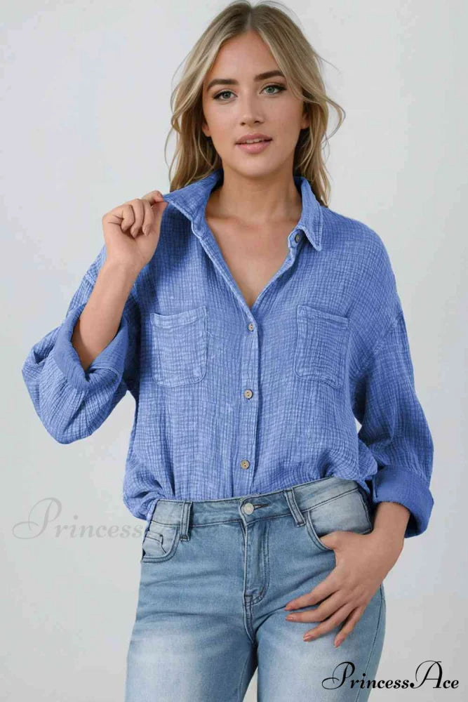 Blouse Textured with Buttons Dusty Blue / S