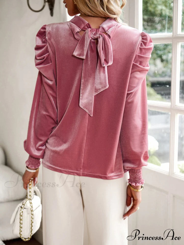 Blouse Turtleneck Puff Gold Bow Arm for Velvet Long Arm Women