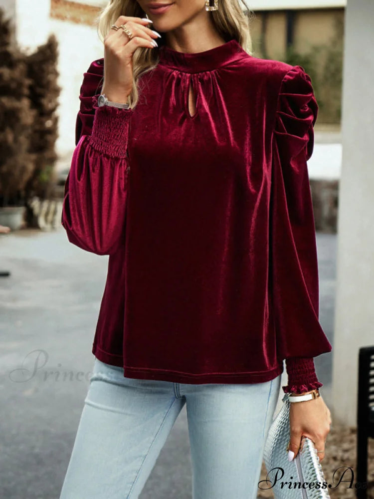 Blouse Turtleneck Puff Gold Bow Arm for Velvet Long Arm Women