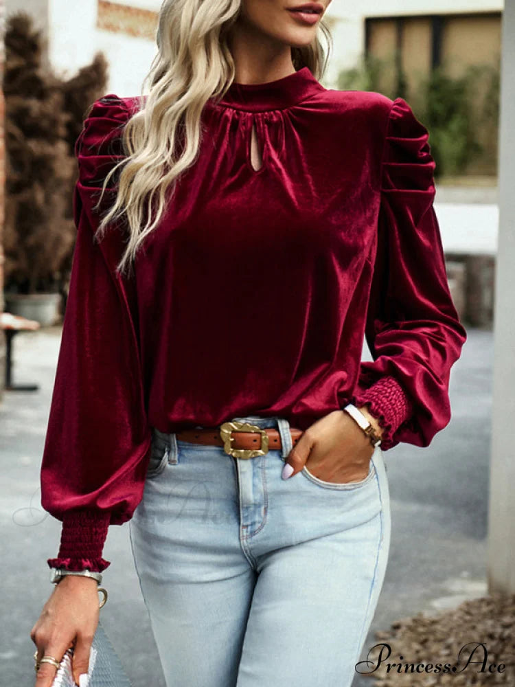 Blouse Turtleneck Puff Gold Bow Arm for Velvet Long Arm Women Wine Red / S