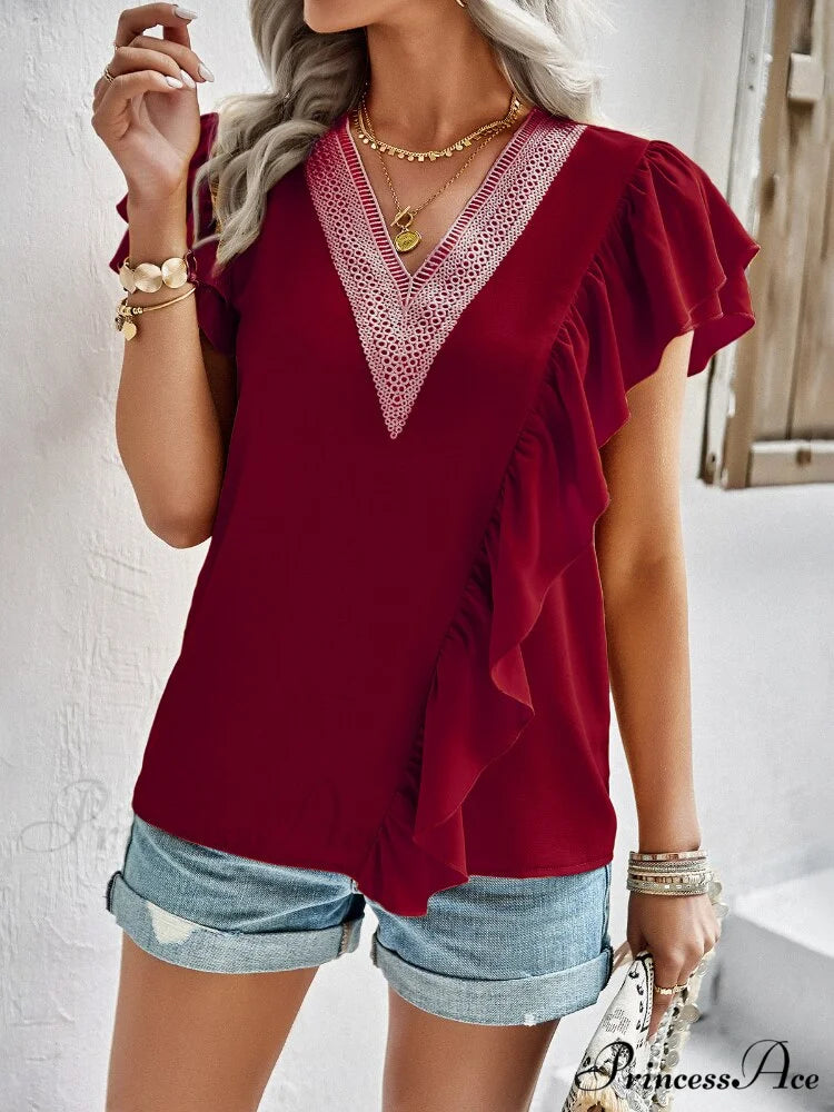 Blouse - V-Neck 2024 for Sleeved Top Brief Ruffle Warm-Season Women’s Commuting