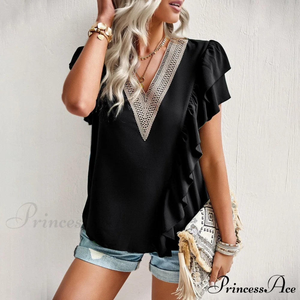 Blouse - V-Neck 2024 for Sleeved Top Brief Ruffle Warm-Season Women’s Commuting black / S