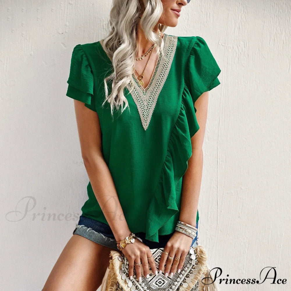Blouse - V-Neck 2024 for Sleeved Top Brief Ruffle Warm-Season Women’s Commuting green / S