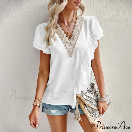 Blouse - V-Neck 2024 for Sleeved Top Brief Ruffle Warm-Season Women’s Commuting white / S