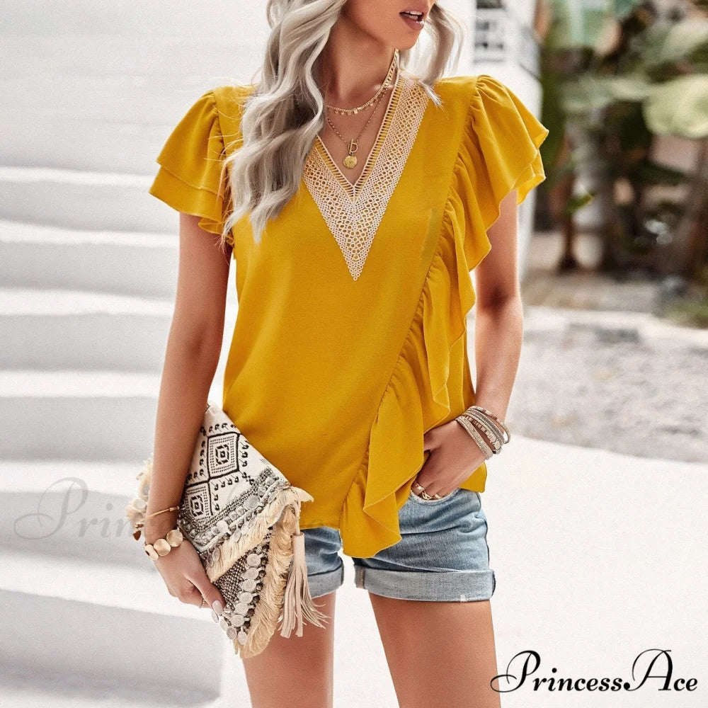Blouse - V-Neck 2024 for Sleeved Top Brief Ruffle Warm-Season Women’s Commuting Yellow / S