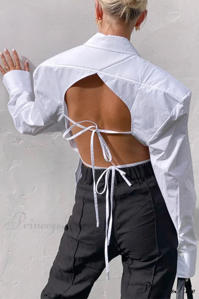 Blouse White Arm Shoulder Long Backless with Up Lace Pads White / S