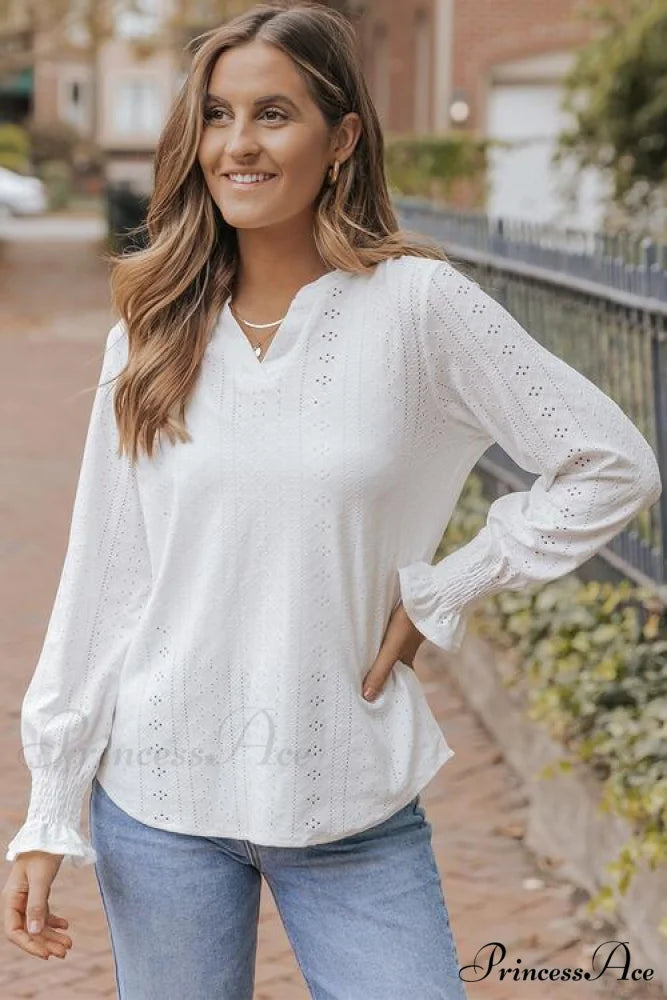 Blouse with Flounce Openwork Notched Long Sleeves