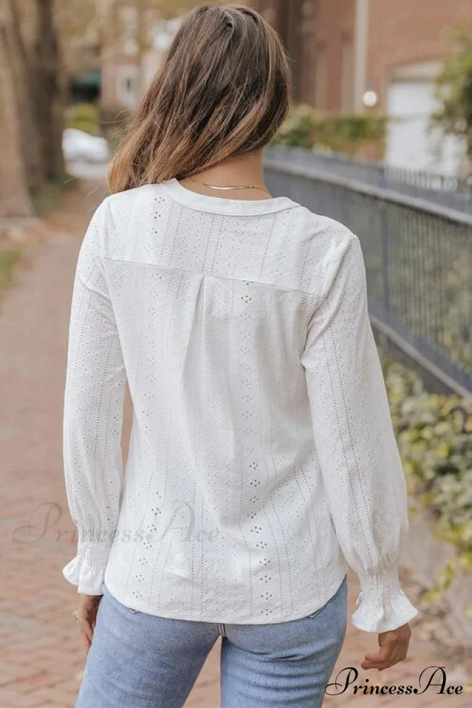 Blouse with Flounce Openwork Notched Long Sleeves