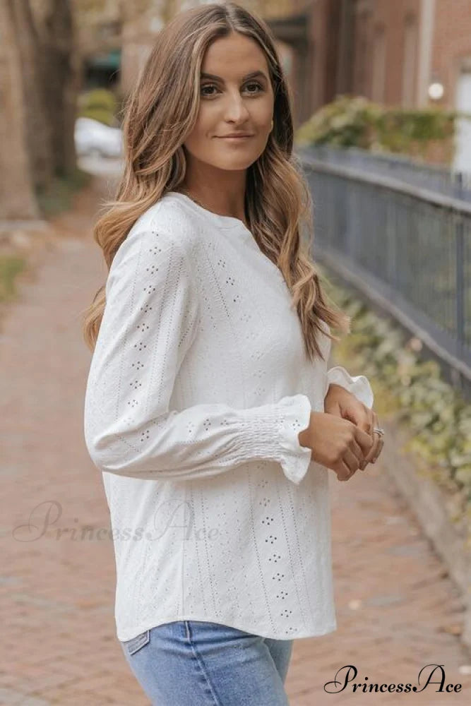 Blouse with Flounce Openwork Notched Long Sleeves