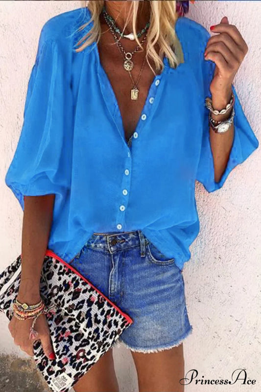 Blouse with Lace-up Red Buttons Design S / Blue