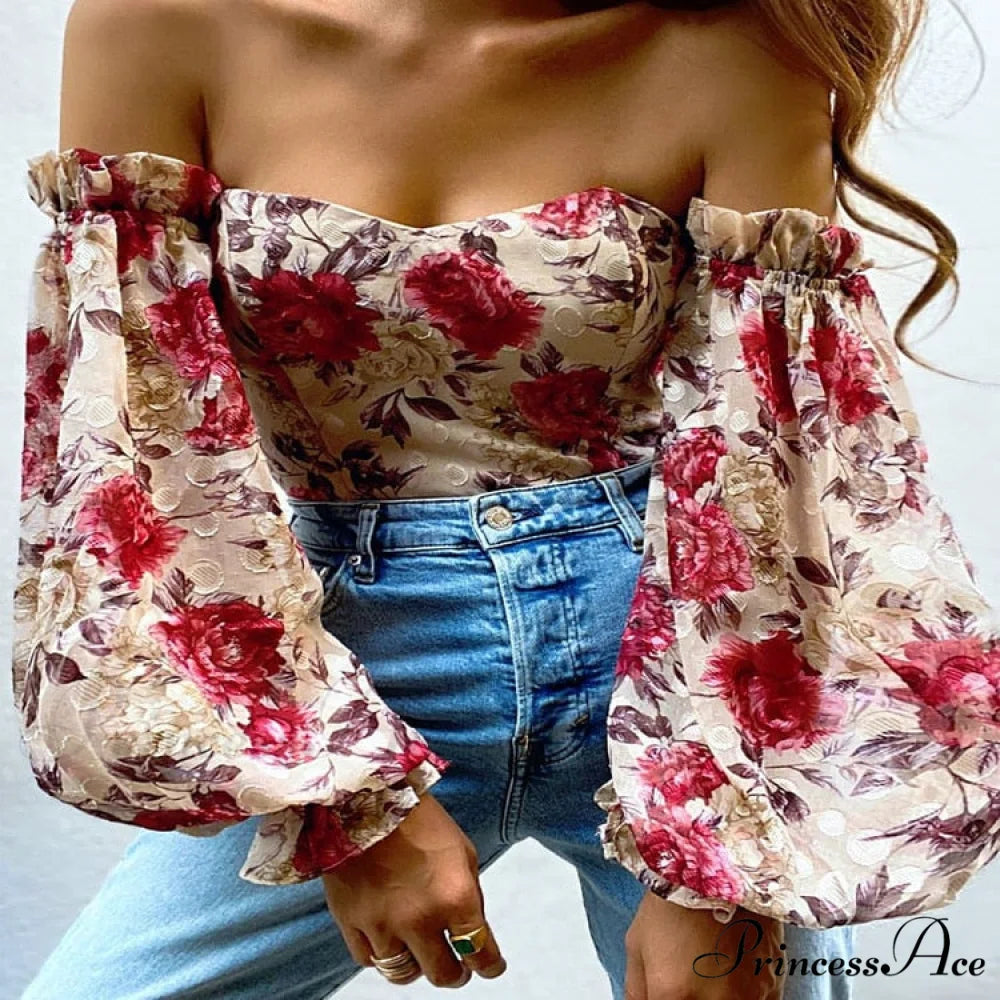 Blouse Women Neck Flowered Tube Blous Fashion Shoulder Off Arm Slash Top The Puff Women Army Green / S