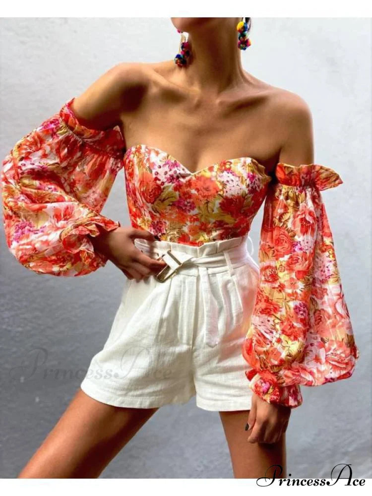Blouse Women Neck Flowered Tube Blous Fashion Shoulder Off Arm Slash Top The Puff Women Beige / S