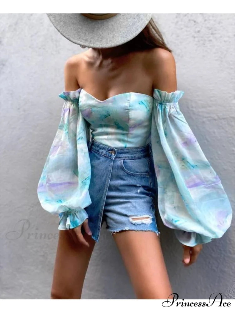 Blouse Women Neck Flowered Tube Blous Fashion Shoulder Off Arm Slash Top The Puff Women Black / S