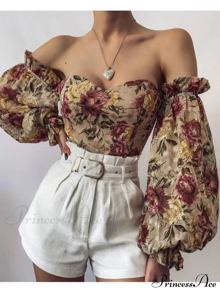 Blouse Women Neck Flowered Tube Blous Fashion Shoulder Off Arm Slash Top The Puff Women Dark Green / S
