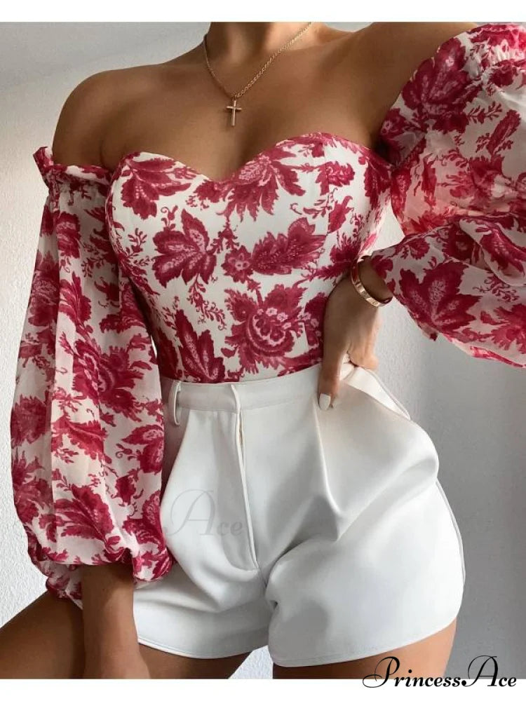 Blouse Women Neck Flowered Tube Blous Fashion Shoulder Off Arm Slash Top The Puff Women Dark Grey / S
