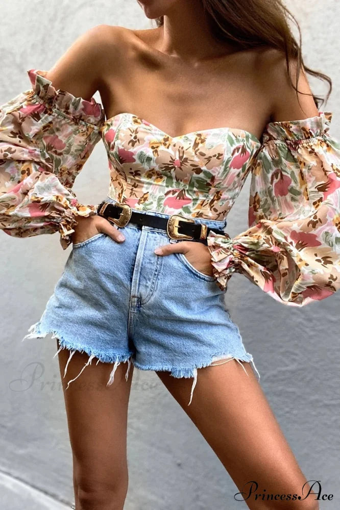 Blouse Women Neck Flowered Tube Blous Fashion Shoulder Off Arm Slash Top The Puff Women Green / S
