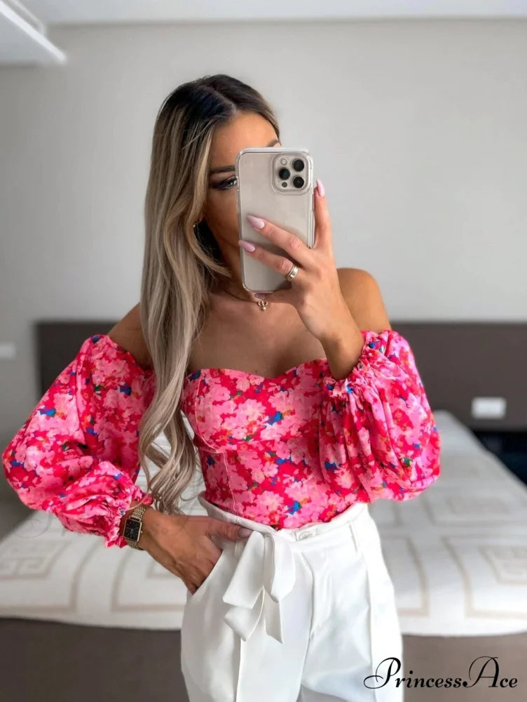 Blouse Women Neck Flowered Tube Blous Fashion Shoulder Off Arm Slash Top The Puff Women Ivory / S