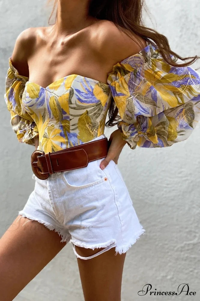 Blouse Women Neck Flowered Tube Blous Fashion Shoulder Off Arm Slash Top The Puff Women Khaki / S
