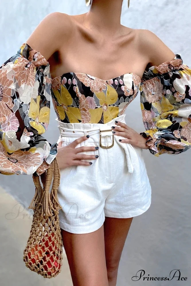Blouse Women Neck Flowered Tube Blous Fashion Shoulder Off Arm Slash Top The Puff Women Orange / S