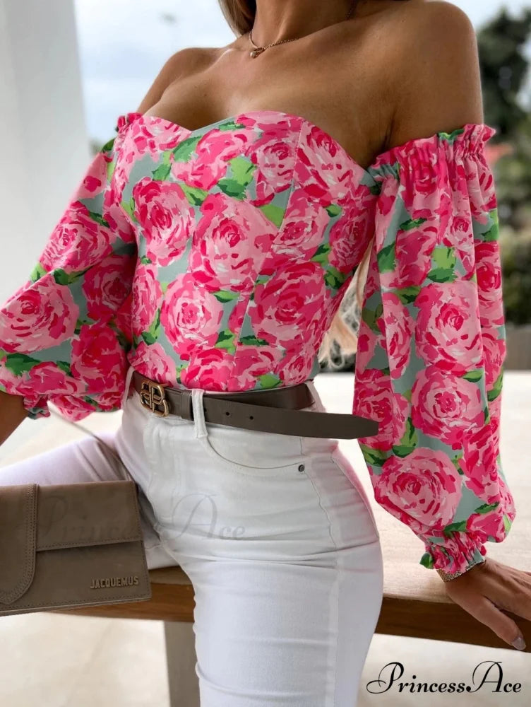 Blouse Women Neck Flowered Tube Blous Fashion Shoulder Off Arm Slash Top The Puff Women Pink / S
