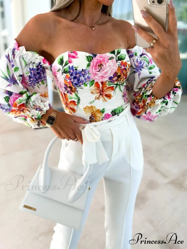 Blouse Women Neck Flowered Tube Blous Fashion Shoulder Off Arm Slash Top The Puff Women Purple / S