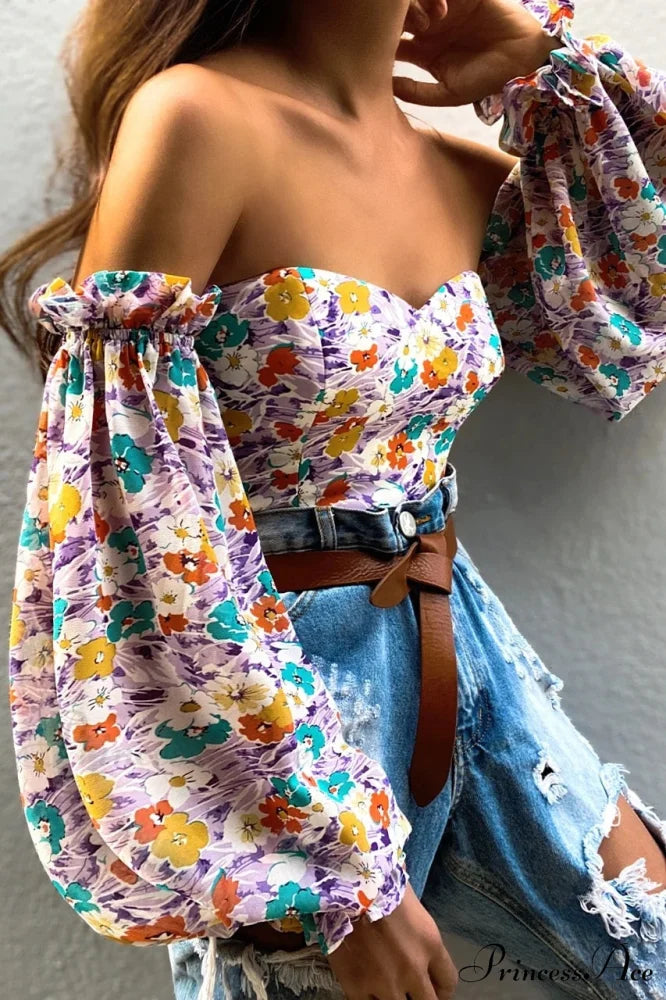 Blouse Women Neck Flowered Tube Blous Fashion Shoulder Off Arm Slash Top The Puff Women Silver / S