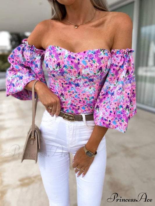 Blouse Women Neck Flowered Tube Blous Fashion Shoulder Off Arm Slash Top The Puff Women Sky Blue / S