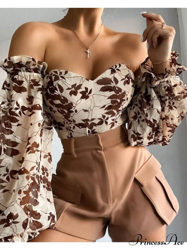 Blouse Women Neck Flowered Tube Blous Fashion Shoulder Off Arm Slash Top The Puff Women White / S