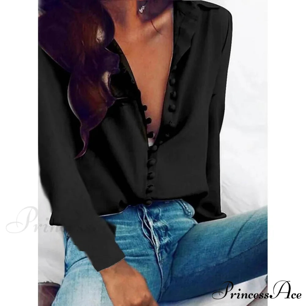 Blouse Blouse Women’s - Neck Arm Solid V Long Button with Basic Colored Tops Black / S