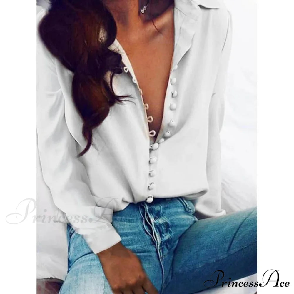 Blouse Blouse Women’s - Neck Arm Solid V Long Button with Basic Colored Tops White / S