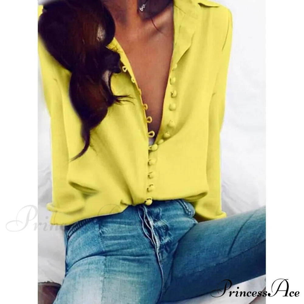 Blouse Blouse Women’s - Neck Arm Solid V Long Button with Basic Colored Tops Yellow / S