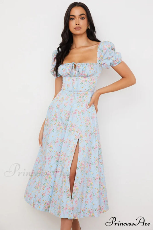 Blue And Pink Charming Vintage Print Midi Skirt