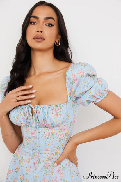 Blue And Pink Charming Vintage Print Midi Skirt