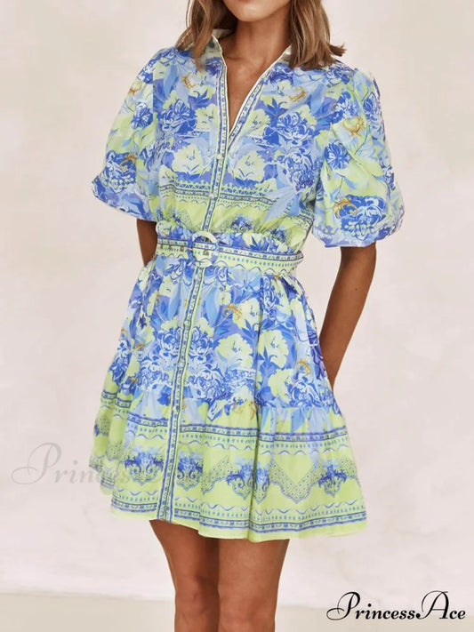 Blue And Yellow Charming Floral Print Mini Dress