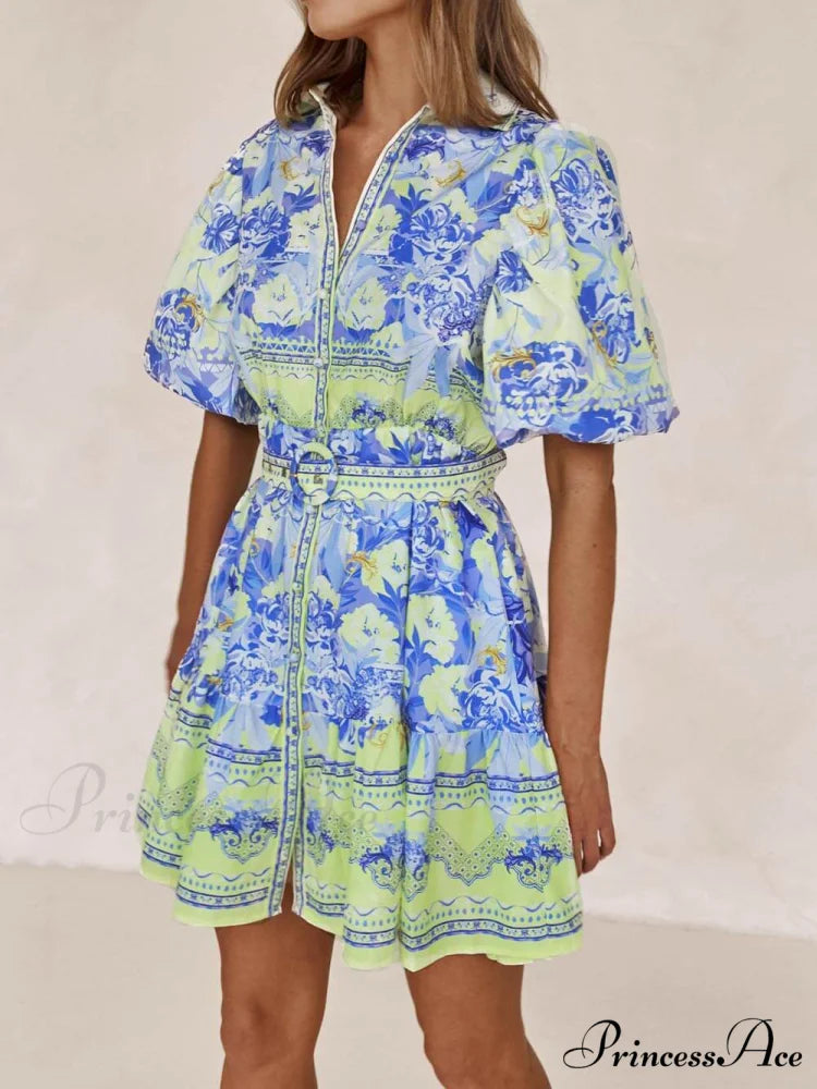 Blue And Yellow Charming Floral Print Mini Dress Blue / S