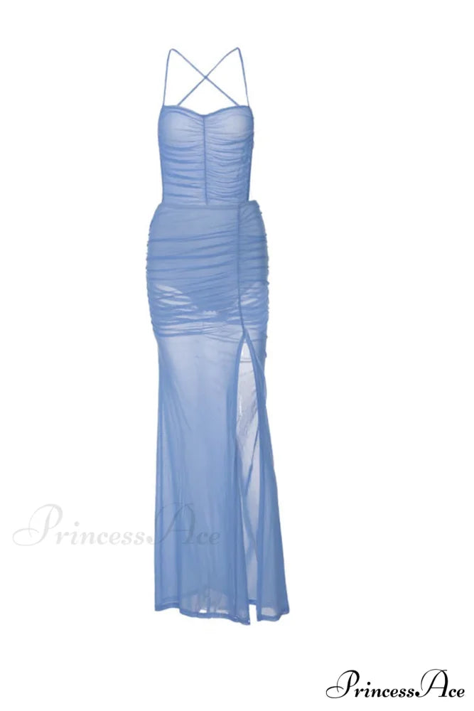 Blue Backless Side Split Dress with Ruched Detail