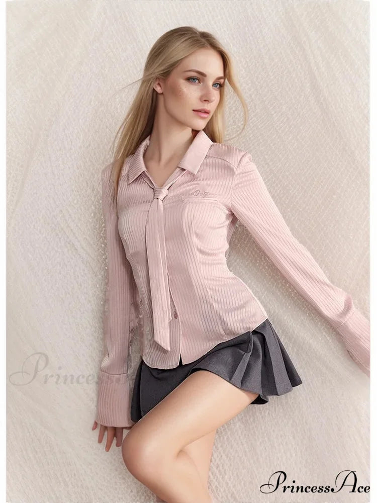 Blue Band Long Sleeve Necktie Blouse blouse-250223