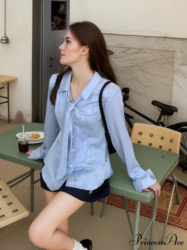 Blue Band Long Sleeve Necktie Blouse blouse-250223