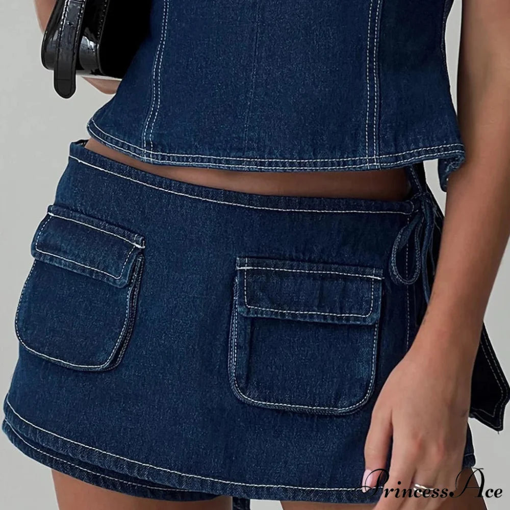 Blue Bow Tie Patchwork Skirt DEEP BLUE / S skirts-250223