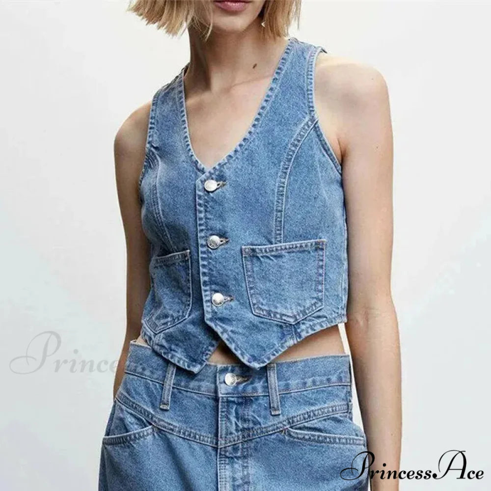 Blue Button V-Neck Cropped Top croptop-250223