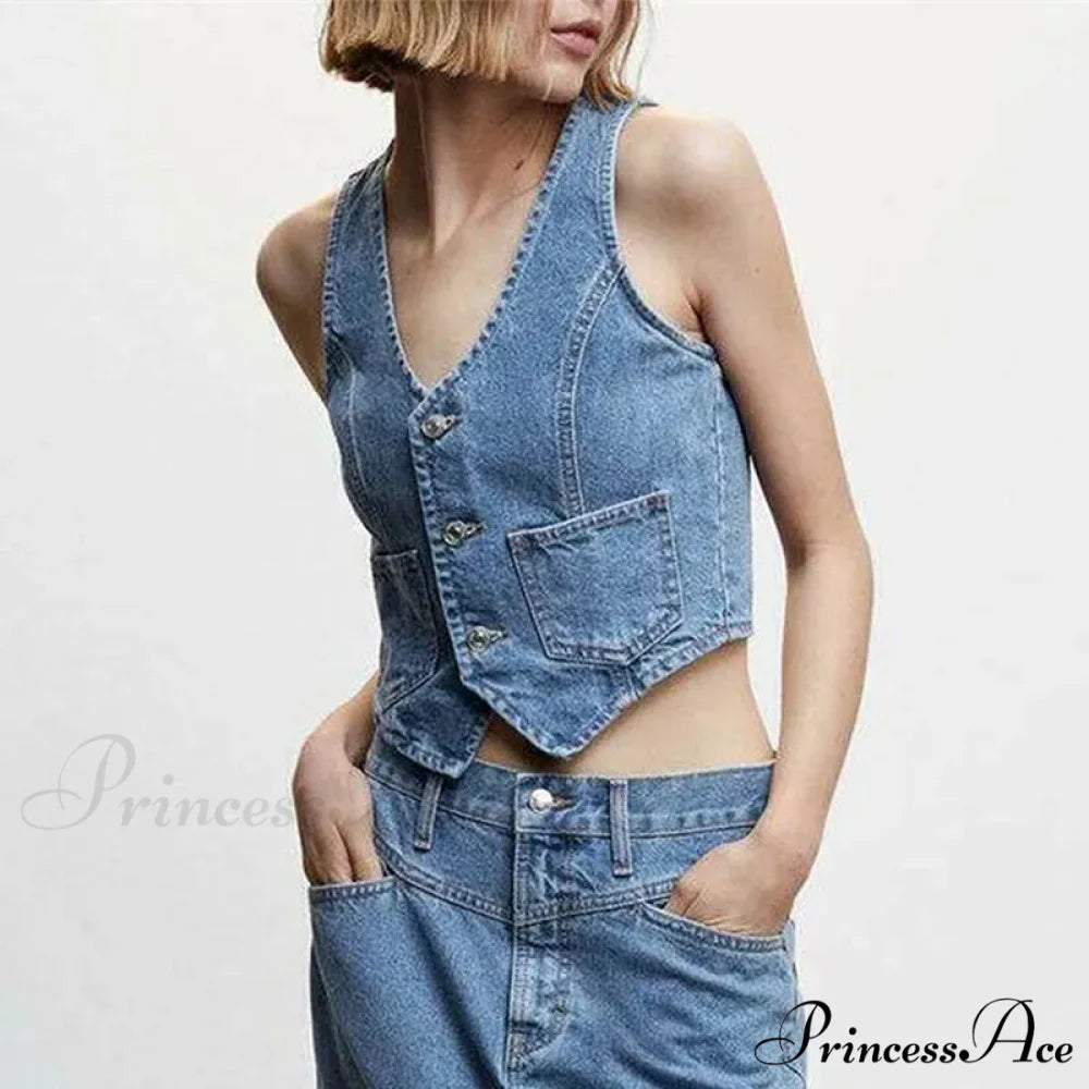 Blue Button V-Neck Cropped Top croptop-250223