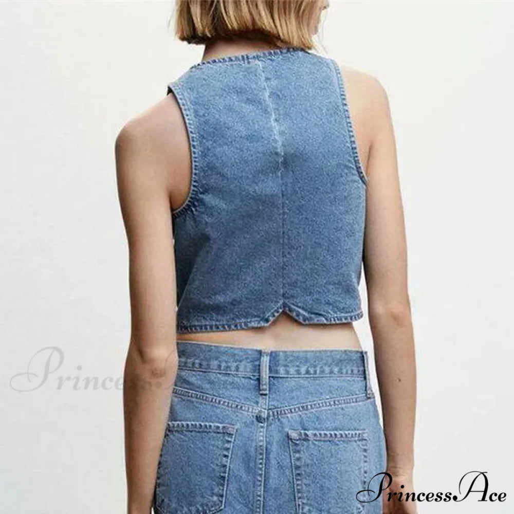 Blue Button V-Neck Cropped Top croptop-250223