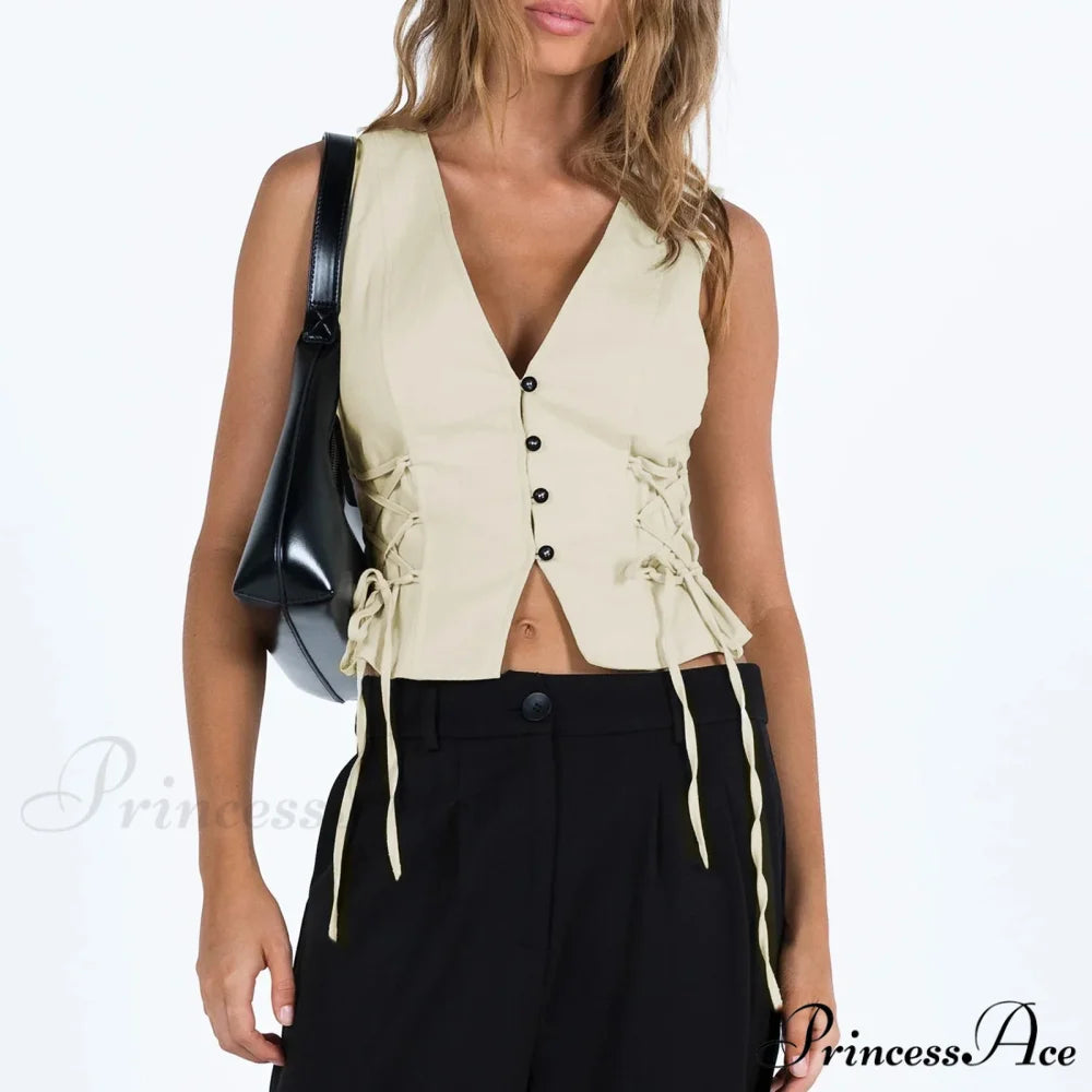 Blue Button V-Neck Cropped Top croptop-250223