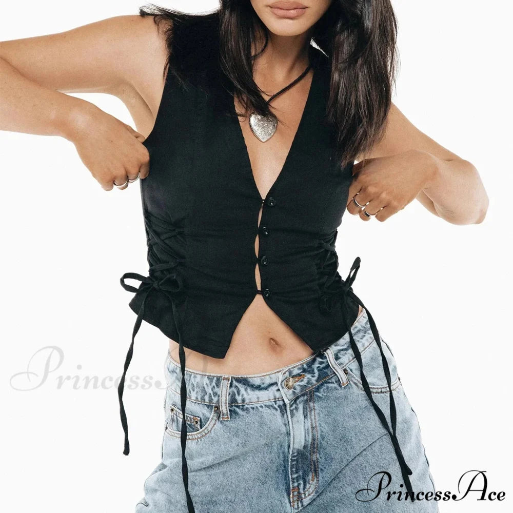 Blue Button V-Neck Cropped Top croptop-250223