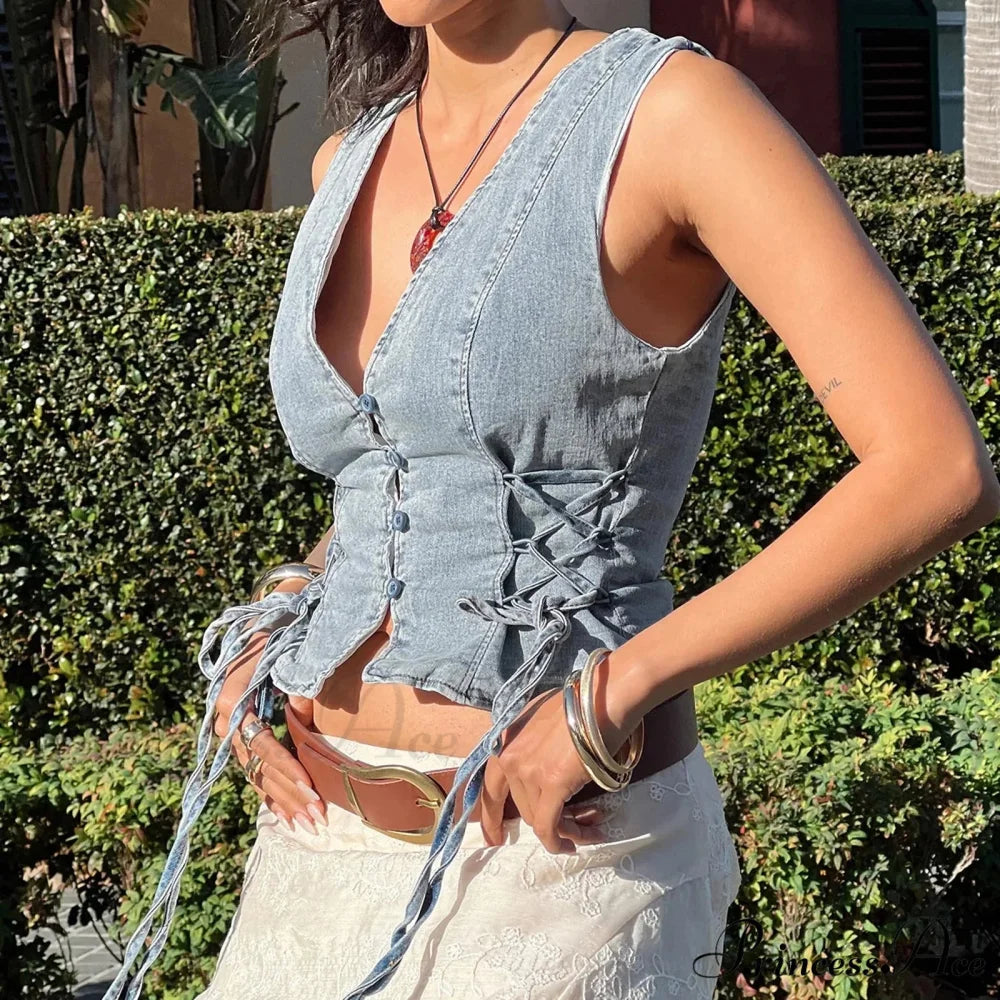 Blue Button V-Neck Cropped Top Blue / S croptop-250223